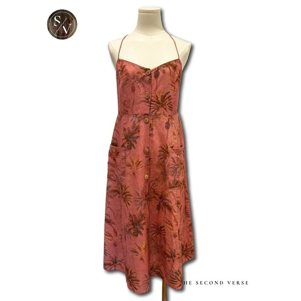Zara Tropical Palm Leaf Cotton Linen Blend Button Front Midi Dress Size Large - Picture 2 of 11